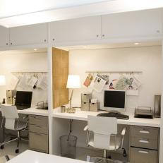 Contemporary White and Silver Office With Two Work Spaces