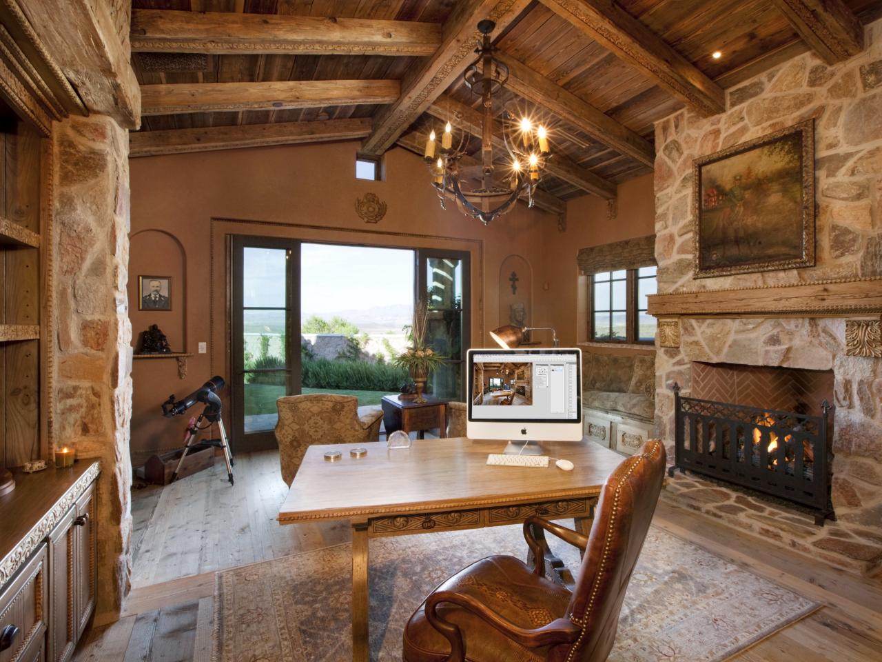 Rustic Brown Home Office With Exposed Beam Ceiling Hgtv