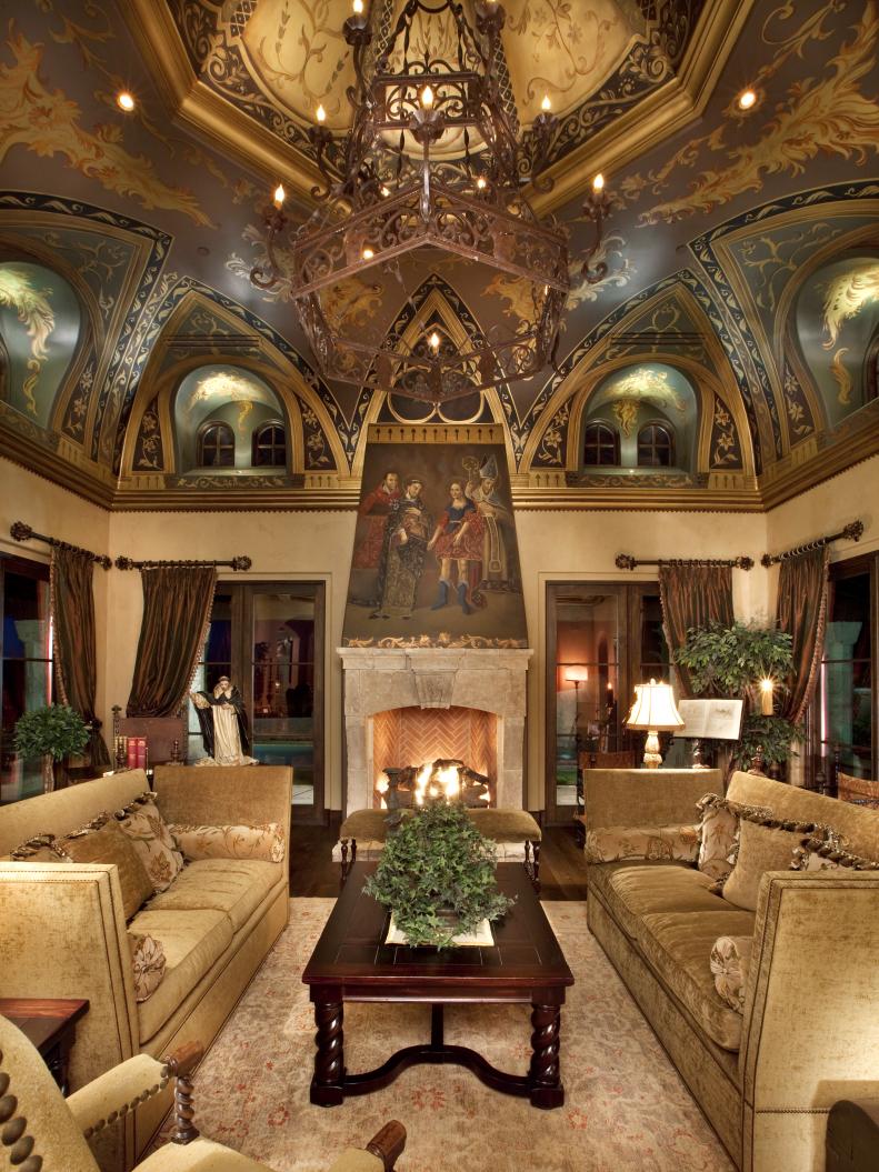 Grand Old World Living Room With Hand-Painted Ceiling & Velvet Sofas