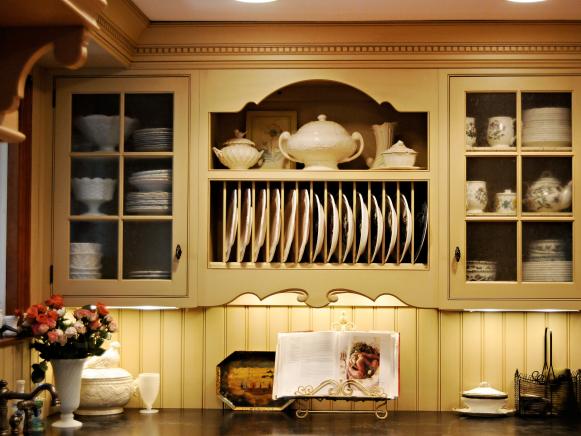 White Dishes in Ochre Yellow Hutch
