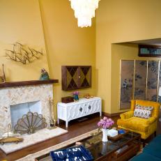 Yellow Living Room with Elegant Chandelier