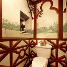 Red and Green Asian Bathroom With Pastoral Wallpaper