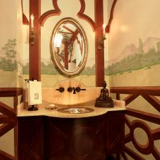 Floating Vanity With Oval Mirror in Asian-inspired Bathroom