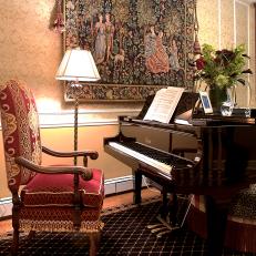 Traditional Piano Corner With Ornate Tapestry