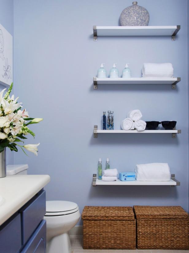 floating shelves in a small bathroom