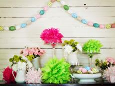 Paint and glitter, then string together real eggs to create this beautiful and delicate Easter garland. It's sure to add a colorful, springy touch when hung above a vignette or on a banister, mantel or Easter tree.