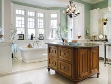 Large Green and White Transitional Bathroom With Freestanding Vanity
