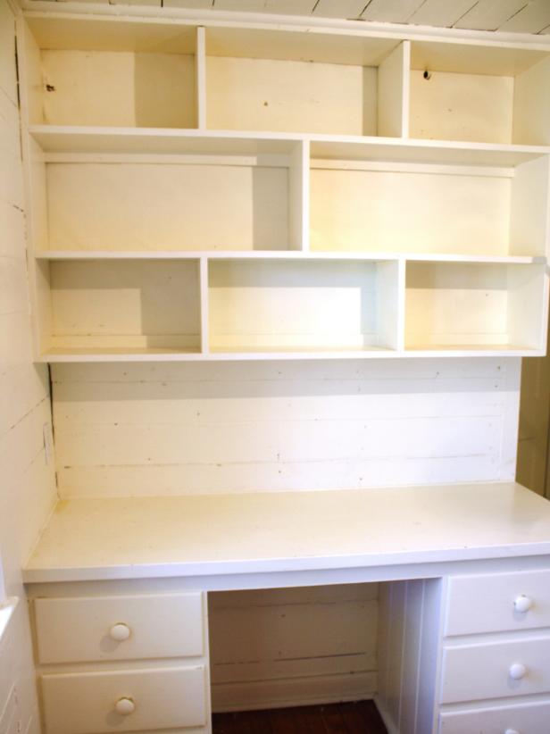 White Shelving Unit and Desk in Office