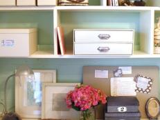White and Green Shelving and Desk With Storage Containers