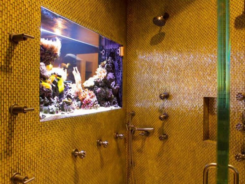 Shower with Yellow Glass Tile Backsplash & Built-In Aquarium 