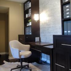 Transitional Black and White Home Office With Pearlized Tile Wall
