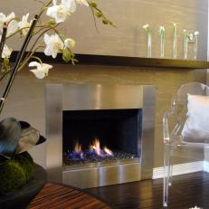 Living Room With Stainless Steel Fireplace