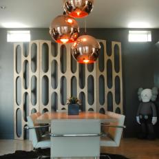 Modern Gray Dining Room With Copper Orb Lights