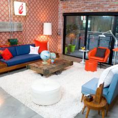 Industrial Kitsch Living Room With White Shag Rug