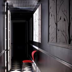 Black and White Hallway With Tree Prints