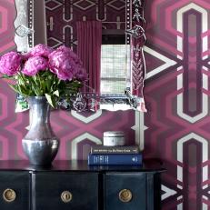 Contemporary Foyer With Purple Patterned Wallpaper