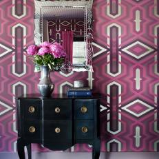 Eclectic Entryway With Purple Wallpaper