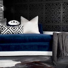 Contemporary Blue Settee and Graphic Black Wallpaper