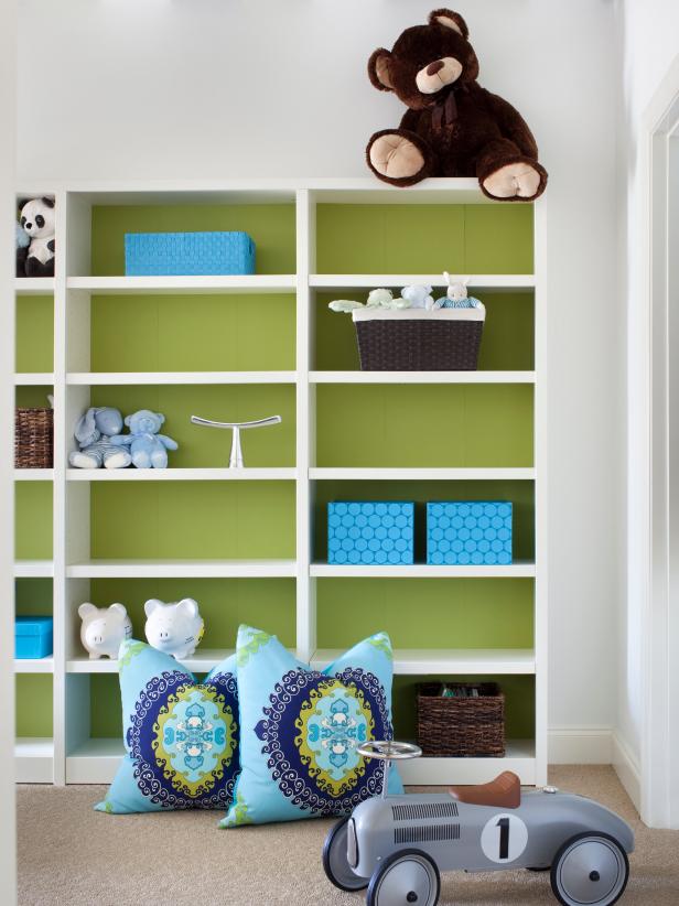 Contemporary Kid's Bedroom With Green and White Bookshelf