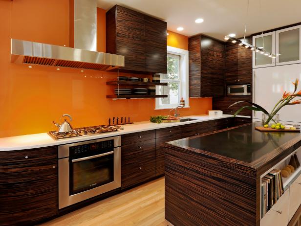 Stylish Orange Kitchen With Brown Cabinetry 