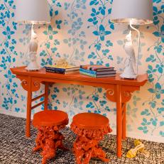 Eclectic Home Office with Blue and White Floral Wallpaper