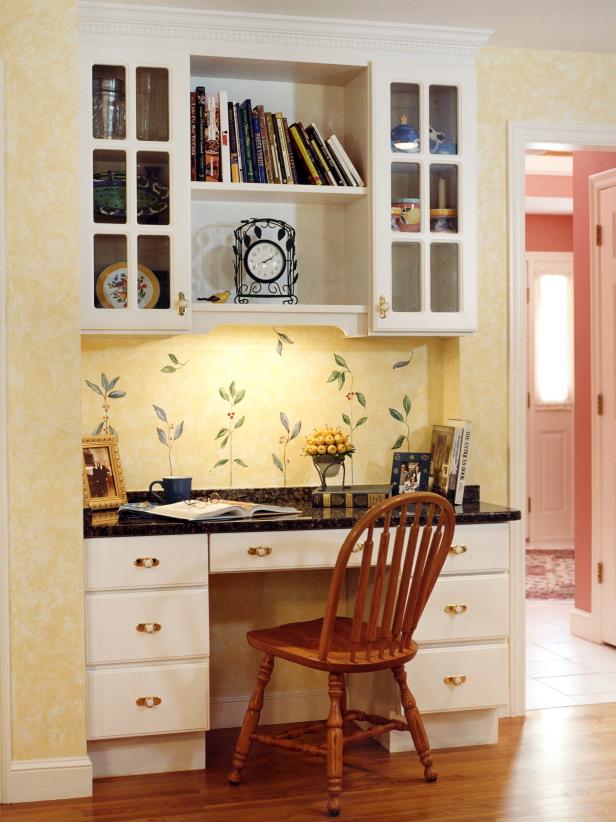 Yellow Cottage-Style Kitchen With Built-In Desk | HGTV