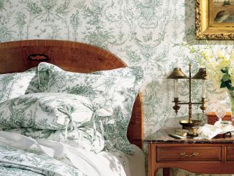 Bedroom With Matching Green and White Toile Wallpaper, Comforter and Pillow