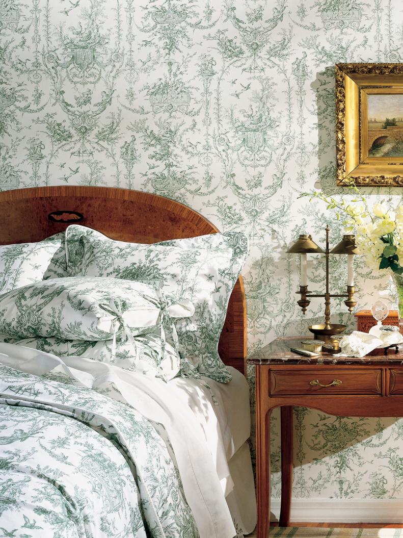 Bedroom With Matching Green and White Toile Wallpaper, Comforter and Pillow