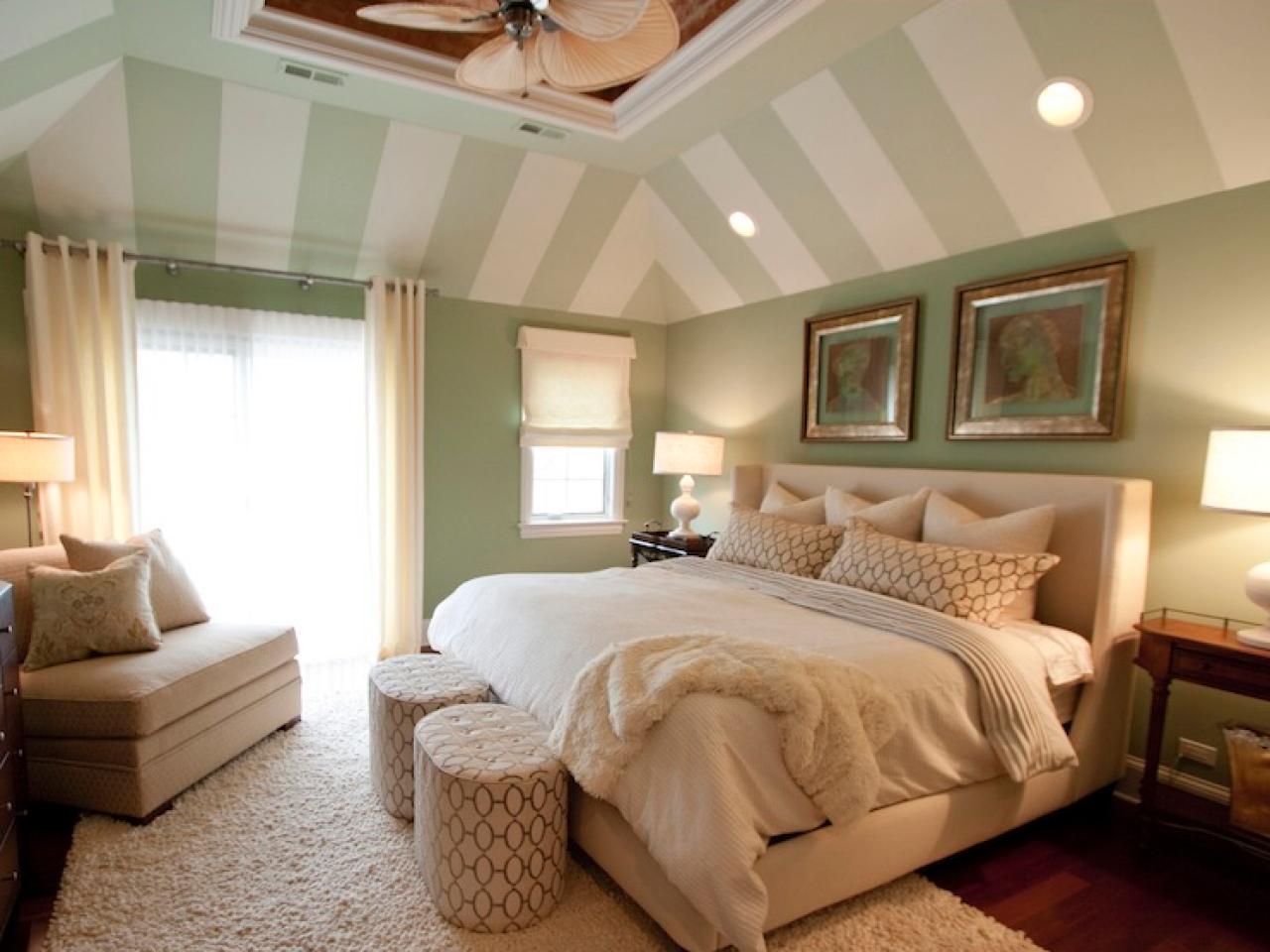 Master Bedroom With Green And White Striped Vaulted Ceiling Hgtv