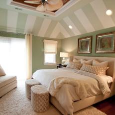 Master Bedroom With Green-and-White Striped Vaulted Ceiling
