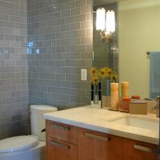 Gray Modern Bathroom With Maple Vanity