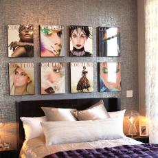 Eclectic Master Bedroom With Foil Wallpaper and Magazine Art