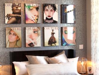 Eclectic Master Bedroom With Foil Wallpaper and Magazine Art