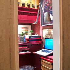 Eclectic, Small, Red Home Office With Shelving