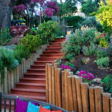 Wood Stairway Through Colorful Garden 