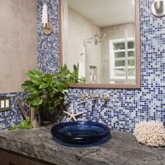 Coastal Bathroom With Blue Mosaic Tile Wall