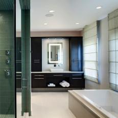 Modern Master Bathroom With Oversized Roman Shades