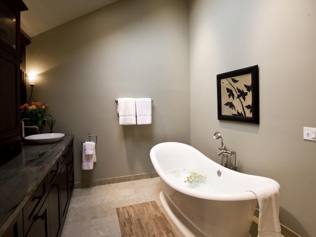 Gray Asian Bathroom With Dark Brown Vanity