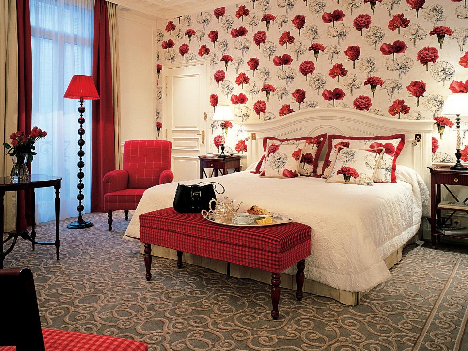 Gorgeous Master Bedroom With Red And White Carnation Wallpaper Hgtv