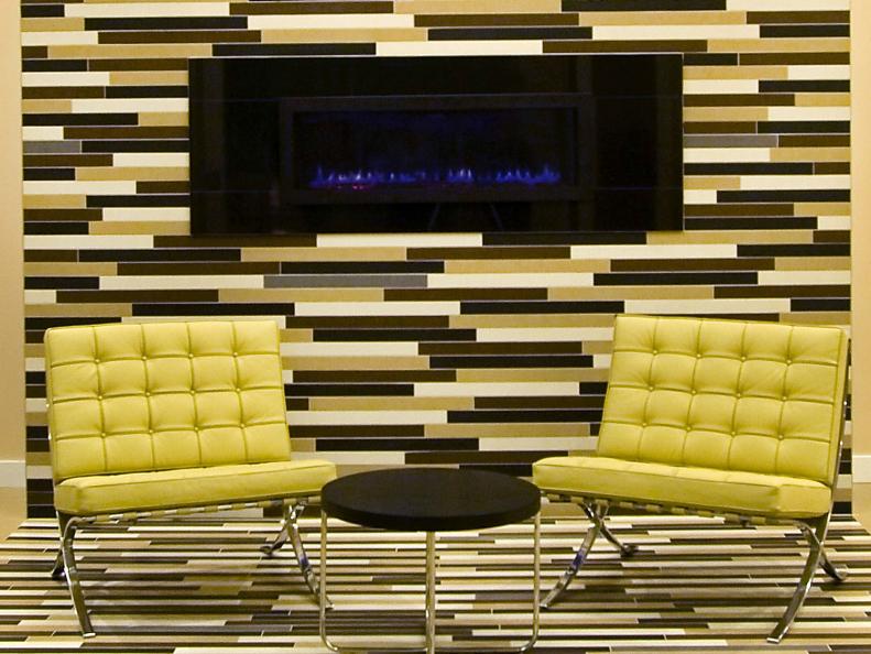Modern Living Room With Fireplace and Yellow Chairs