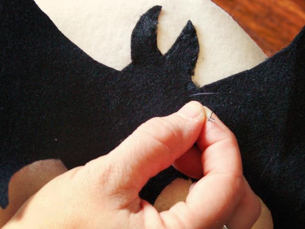 Halloween Applique Pillow Features Sewed On Bat Designs