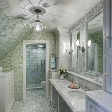 Traditional Green Floral Bathroom With Double Console Sink