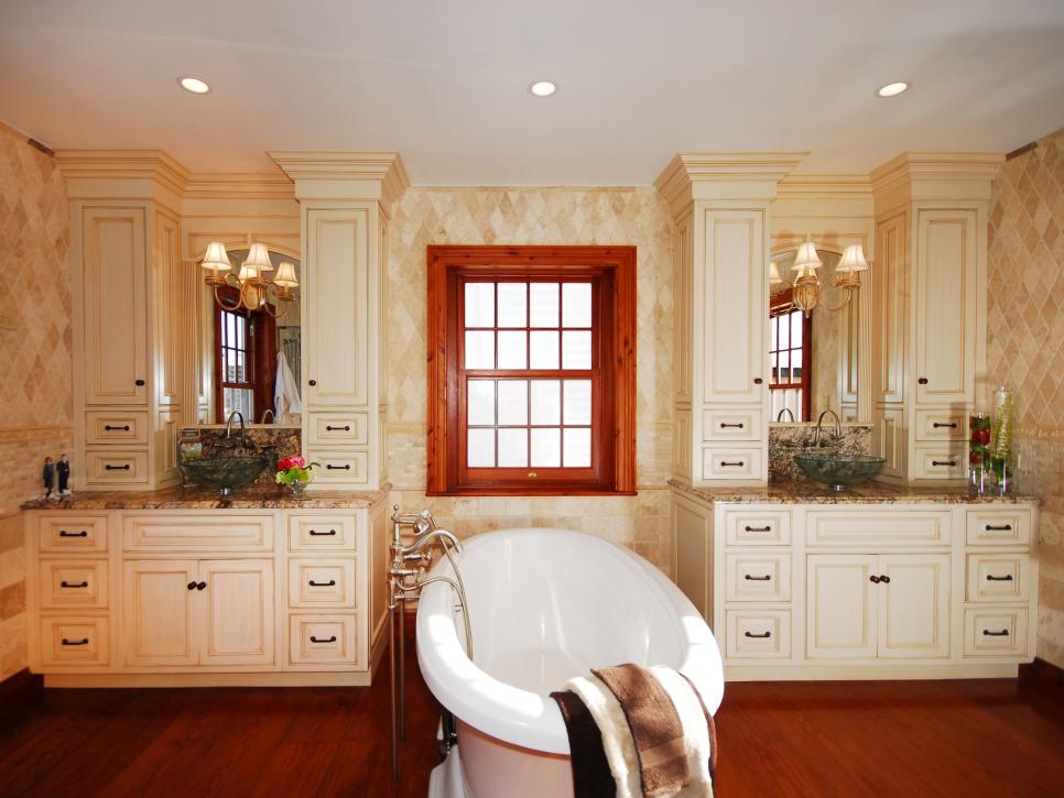 Neutral Transitional Bathroom With White Freestanding Tub HGTV