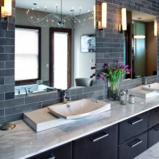 Contemporary Double-Vanity Bathroom With Gray Tiled Wall