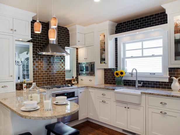 White And Brown Transitional Kitchen With Subway Tile Walls Hgtv Eat In Kitchen With Dark Brown Subway Tile Walls And White Cabinetry