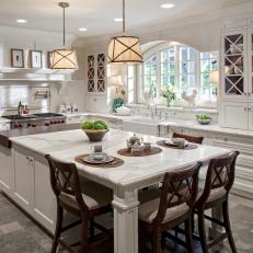 Traditional White Kitchen With Large Eat-In Island