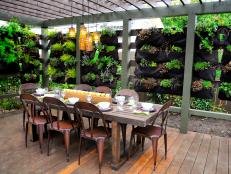 Outdoor Dining Table, Pergola and Hanging Pocket Garden
