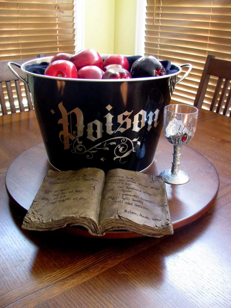 Poison Apple Halloween Centerpiece With Book and Spider Wine Glass