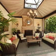 Exotic Outdoor Room with Chandelier and Fabric Ceiling
