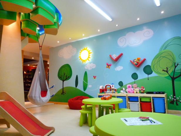 Kids' Contemporary Playroom with Custom Wall Mural